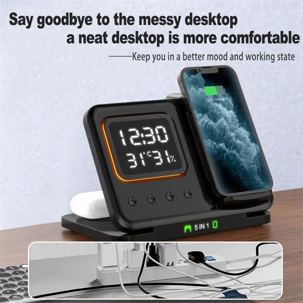 5 In1 Wireless Chargers Stand LED Digital Alarm Clock Thermometer Fast Charging Dock Station for iPhone 15 14 IWatch
