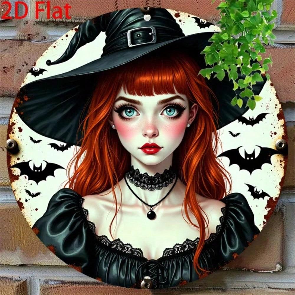 Halloween Metal Tin Sign Vintage Witch Bats Moon Decor