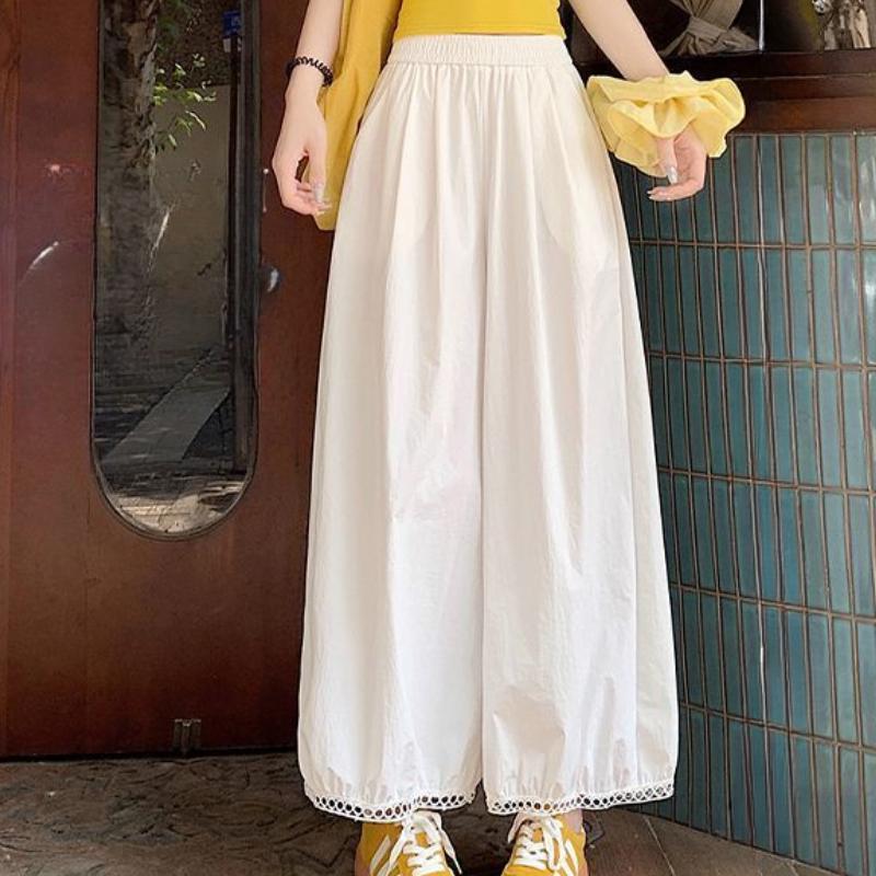 Women's Summer 9/10 Length White Lantern Pants | Hollow-Out Lace Wide-Leg Balloon & Bud Pants