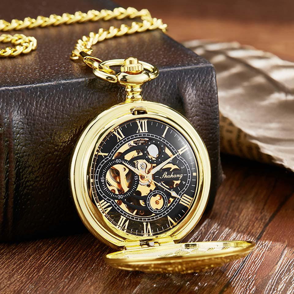 Luxury Golden Dragon Mechanical Fob Clock Phoenix Hollow Sculpture Mechanical Skeleton Pocket Watches Men Chain Wedding Gifts