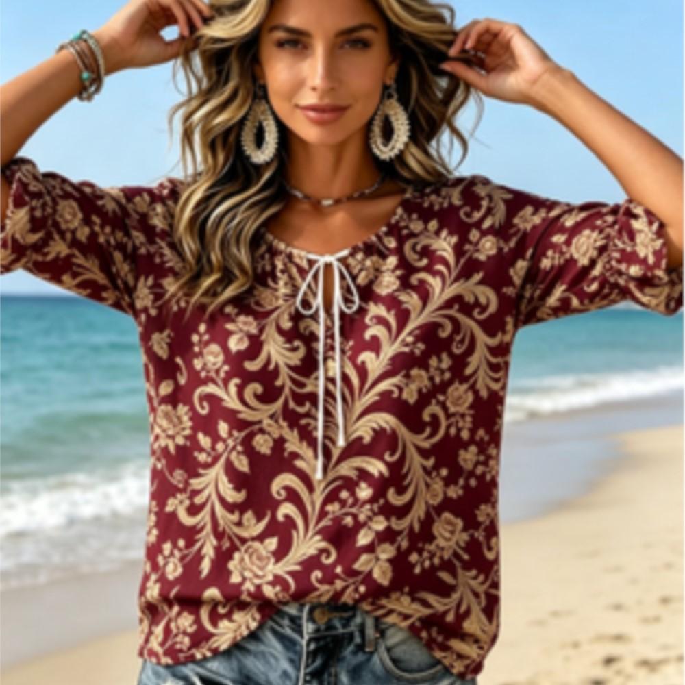 Women's Burgundy Gold Vintage Scroll Floral Print Tie Split Neck Ruffle 3/4 Sleeve Retro Party Blouse
