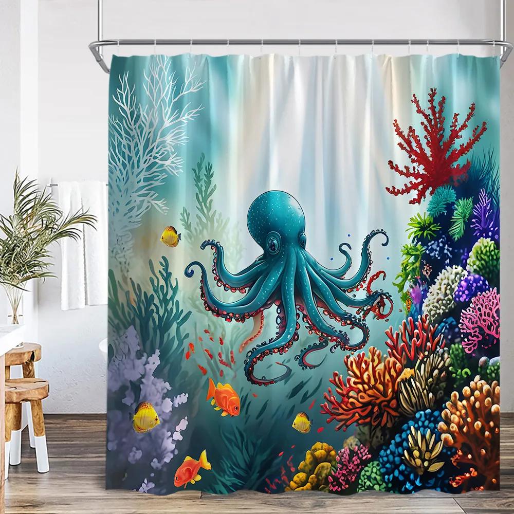 Sea Animals Shower Curtain 3D Dolphin Turtle Octopus Jellyfish Undersea World Bathroom Decoration Kids Polyester Bathtub Curtain