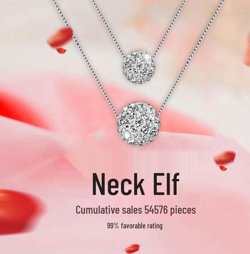 Korean 925 White Gold Clavicle Necklace with Diamond Ball Pendant