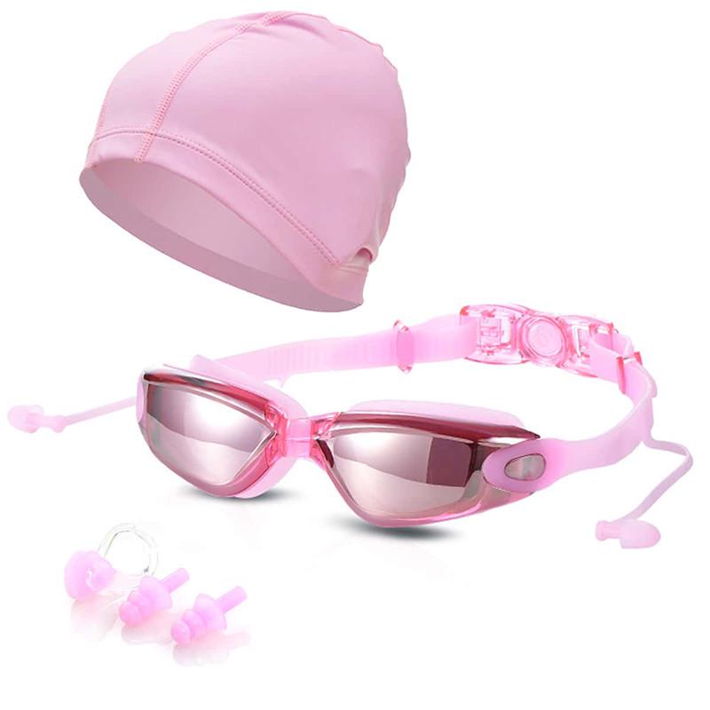 

Unisex Anti-Fog Swimming Goggles with Electroplating + Silicone Nose Clip & Earplugs + PU Swim Cap Set 7001