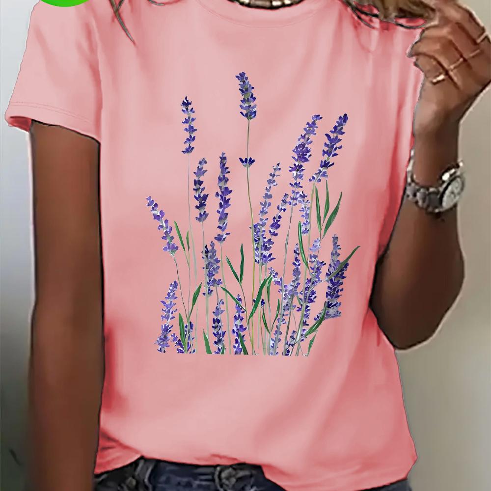 Women's lavender printed short sleeved T-shirt, a casual top with cartoon floral design, machine washable T-shirt for spring, summer, and autumn
