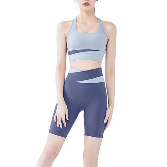 Workout Sets for Women 2 Piece Seamless U Neck Crop High Waist Shorts Color-Blocking Slimming Athletic Gym Yoga Outfits for Yoga Pilates Activewear