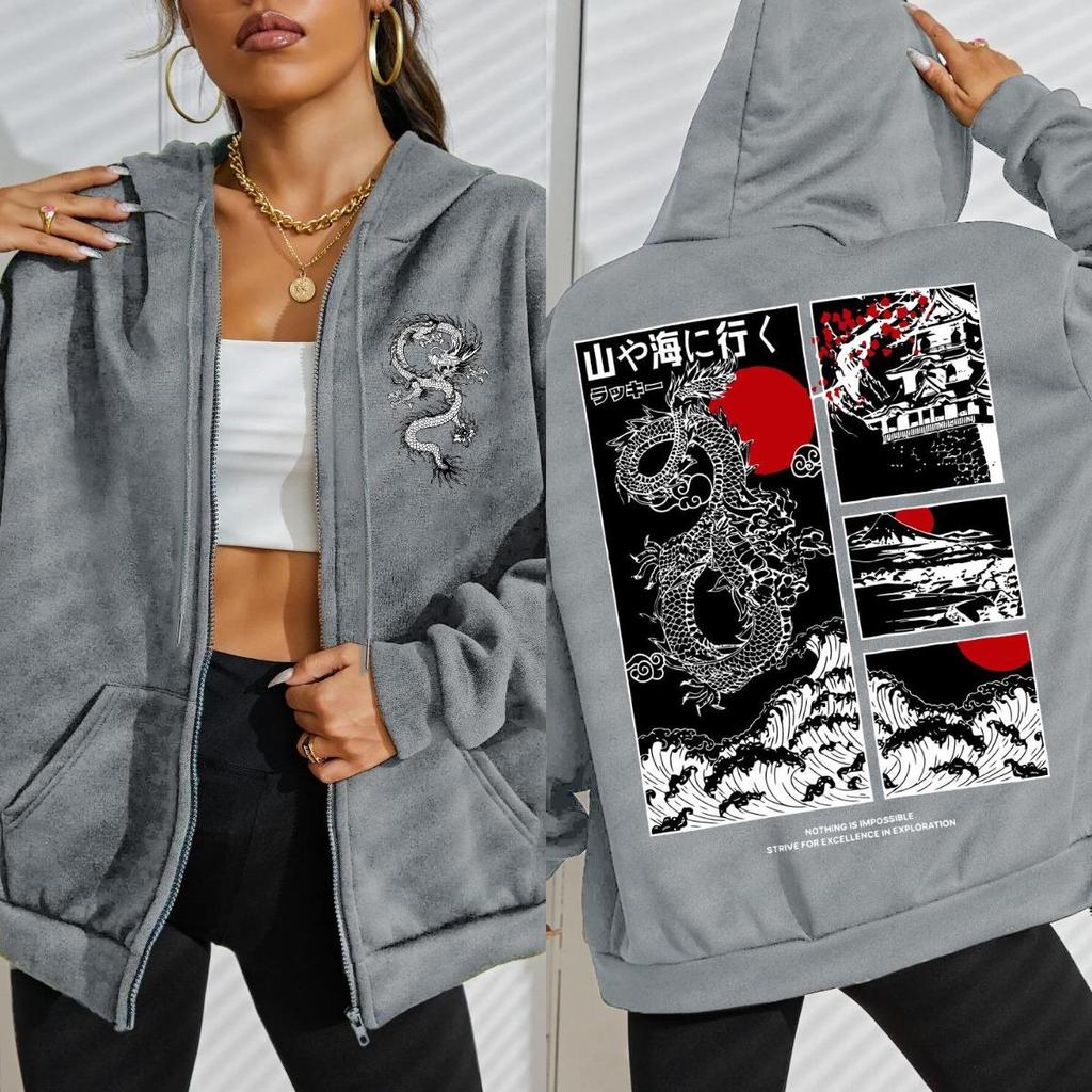 Harajuku Japan Dragon Cherry Bloom Sea Wave Design Woman Zipper Hoodie Loose Streetwear Womens Pocket Fleece Sportswear