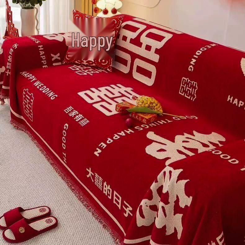 Chenille Red Festive Wedding Sofa Cover - Universal Fit for All Seasons Joyful Red