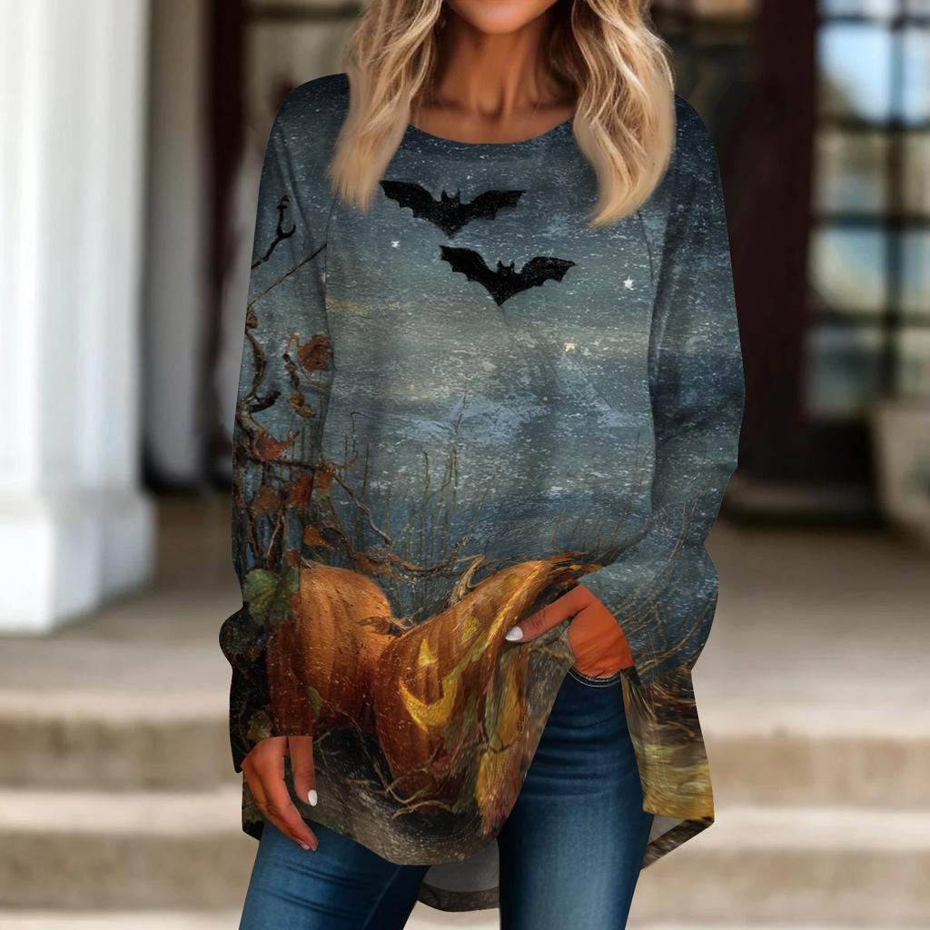 Women's Long Sleeve Halloween T-Shirt Loose Fit Crewneck Casual Print Top