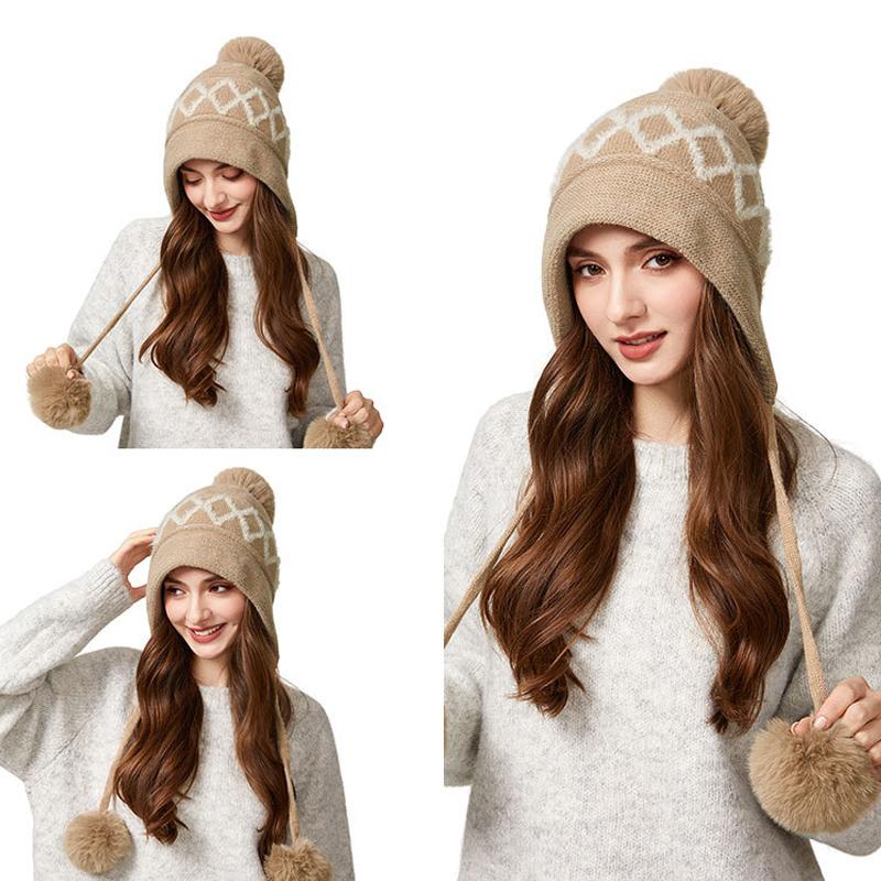 Winter Knitted Hat Big Head Cashmere Three Hair Ball Ear Protection Wool Hat for Women