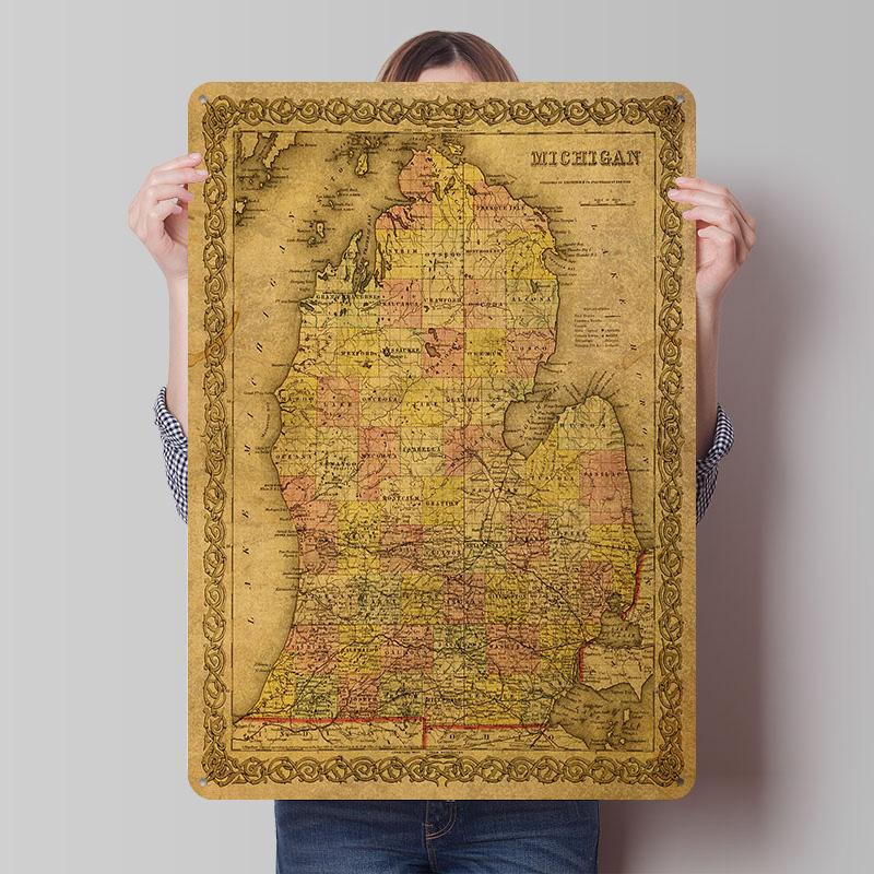 Vintage Map Lower Michigan Poster Customized Vintage Metal Signs Wall Art Retro Tin Plaque for Room Ornaments Bathroom Decor