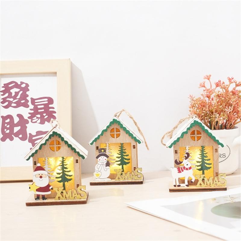 Wooden Christmas House Ornament Battery Power LED Lights Safe Flameless Decoration For Home Christmas Tree Party Crafts