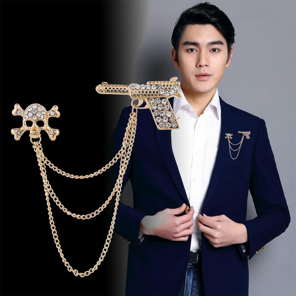 Men's Fashion Suit Brooch Simple Diamond Tassel Metal Wedding Dress Suit Brooch Collar Pin