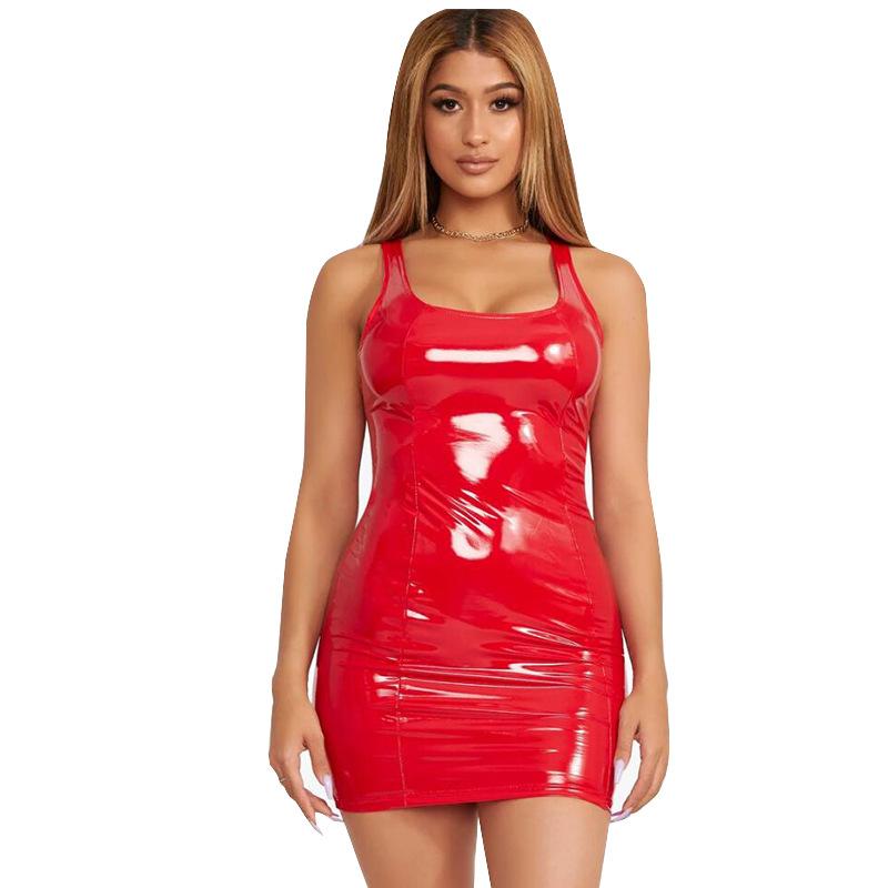 Mini robe en cuir verni pour femmes, encolure carrée, coupe basse, sans manches, fermeture éclair, robe de soirée en boîte de nuit