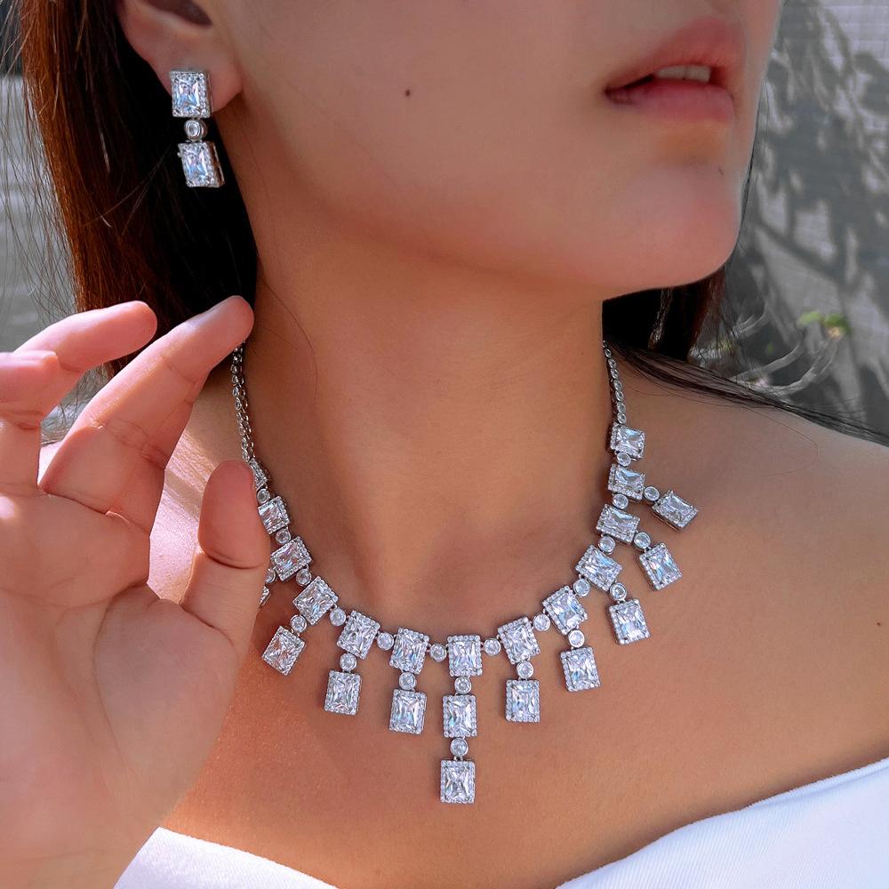 Bright Diamond Jewelry Necklace Earrings Bridal Wedding Dinner Jewelry Zircon Dress Accessory Set Chain