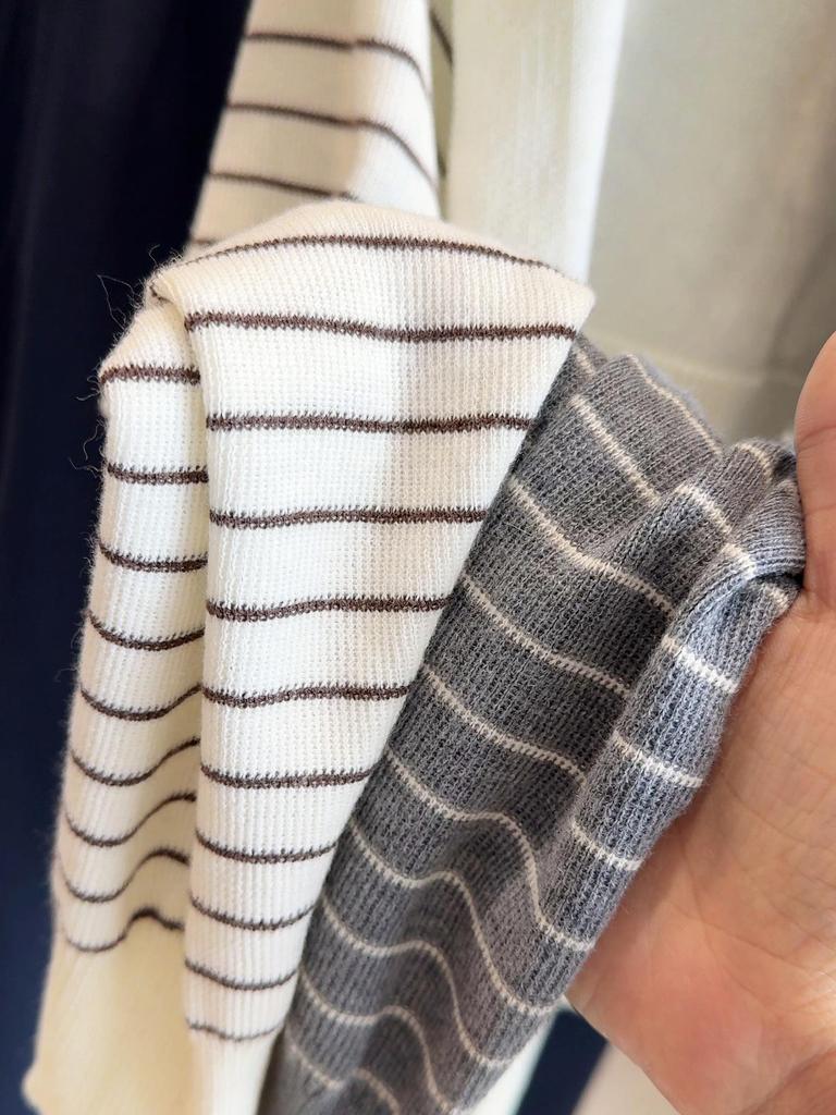 Women's 2025 Spring/Autumn Striped Knitwear Set: Round Neck, Short, Loose-Fit Sweater & Base Shirt.