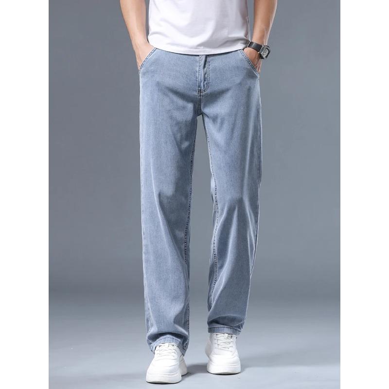 Summer Ultra-thin Men's Jeans Lyocell Soft Breathable Loose Straight Light Blue Denim Pants Business Casual Ice Silk Trousers