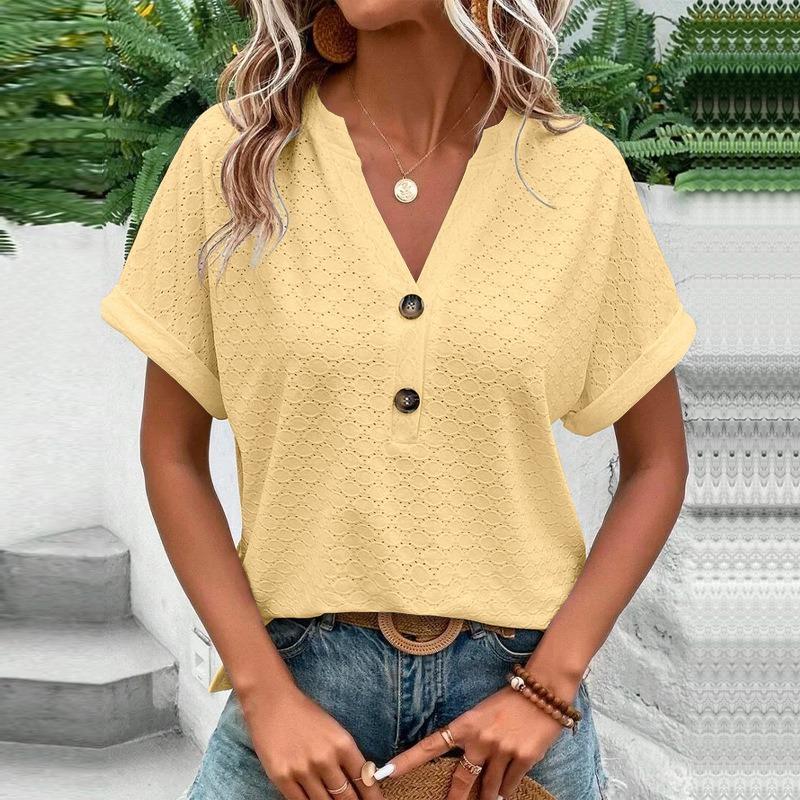 Women's Fashion Casual Solid Color Button V-neck T-shirt