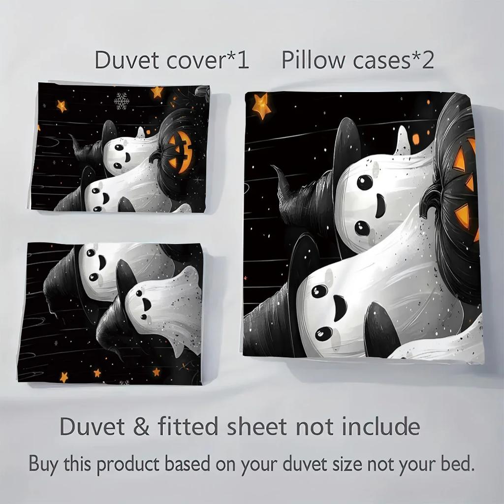 3-piece Halloween themed pumpkin, ghost, castle pattern, 1 quill cover+2 pillowcases, coreless, soft and comfortable bedding set