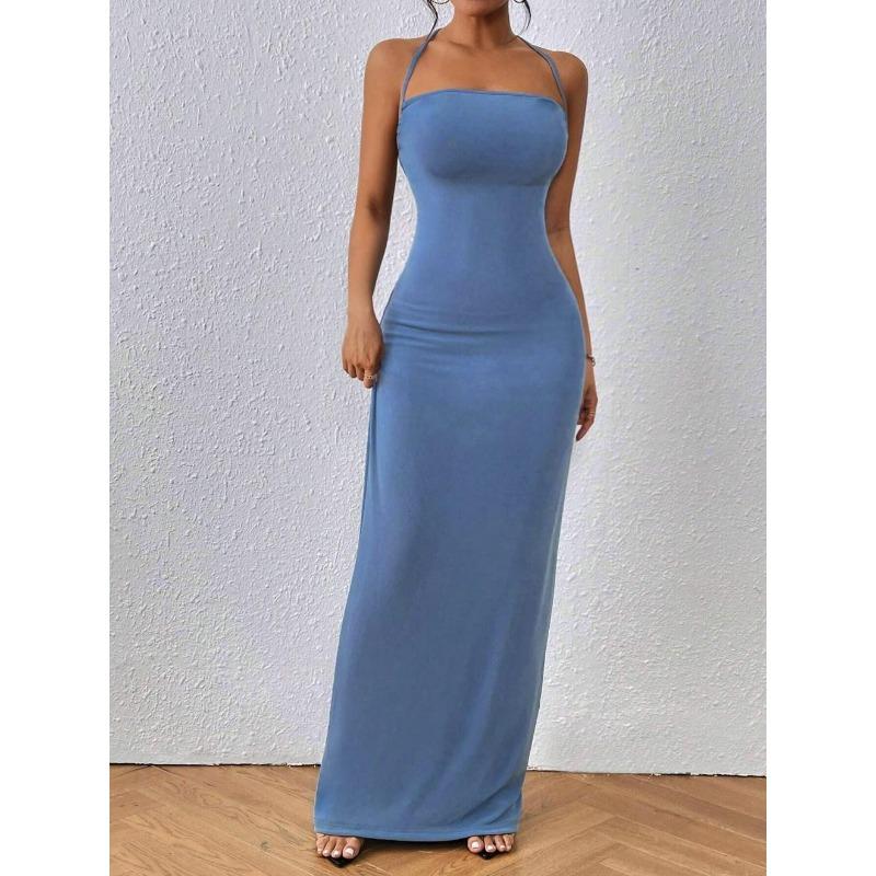 Women Halter Neck Bodycon Maxi Dress Sleeveless Backless Form Fitting Party Dress