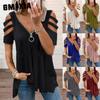 Women's Fashion Casual Solid Color Print Short Sleeve V Neck Blouses & Shirts