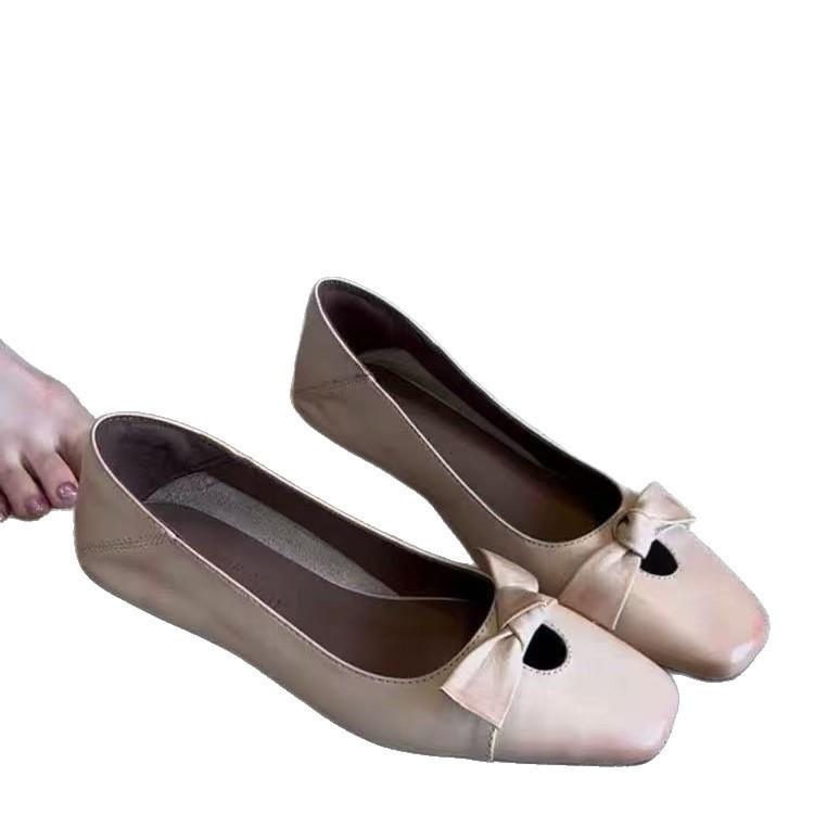 Sheepskin version~ retro apricot versatile flat-bottomed square-headed single shoes, women's one-pedal light-mouth bow ballet shoes
