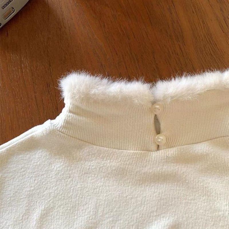 Women's 2025 Autumn/Winter Beige Frayed Hem High/Round Neck Base Layer Top