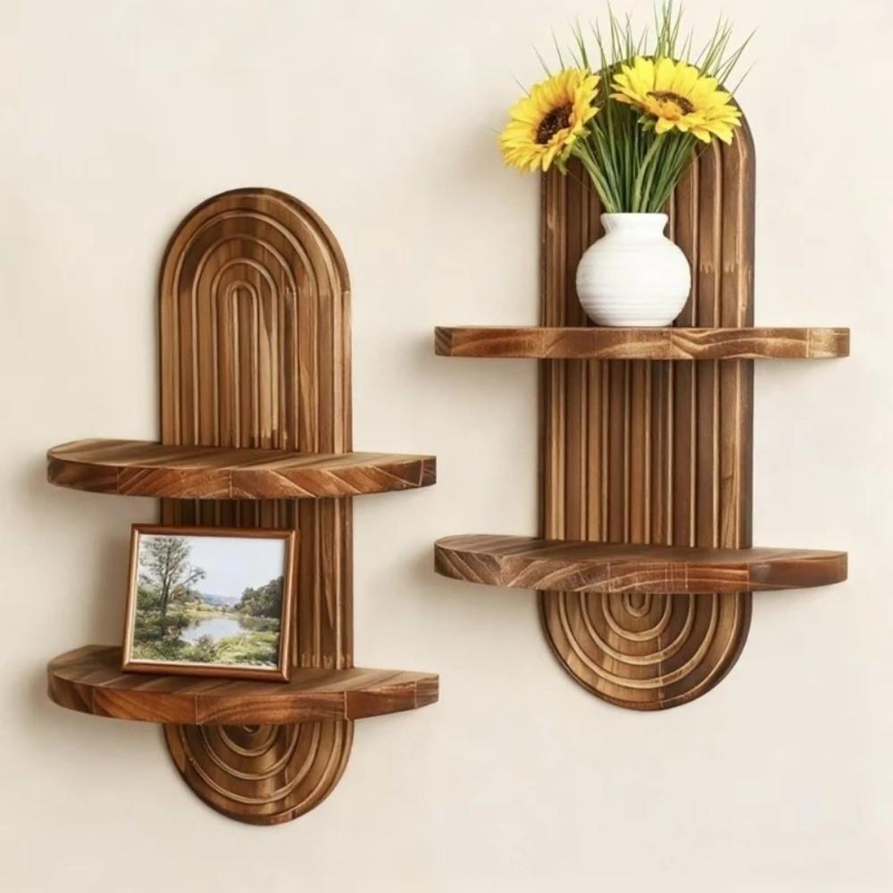 Natural Wooden Wall Shelves Oval Threaded Boho Style Rack Wall Mounted Shelf  Plant Decorative