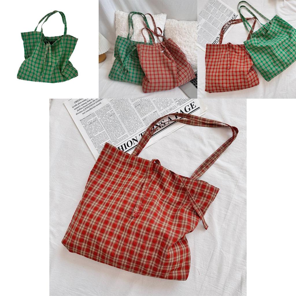 L310 Retro Plaid Canvas Bag Stylish Versatile Lightweight Shoulder Tote For Women