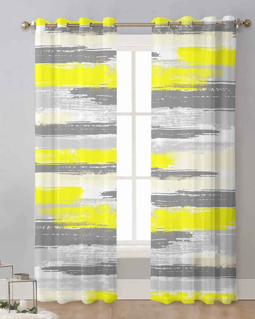 Geometric Line Paint Yellow Sheer Curtains for Living Room Decoration Window Curtains for Kitchen Tulle Voile Organza Curtains