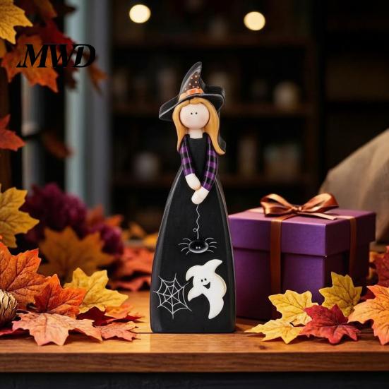 Halloween Gift for Friends Witch Table Decoration, Cute Wooden Centerpiece, Farmhouse Autumn Decorations Ornament with Broomstick Pumpkin Ghost