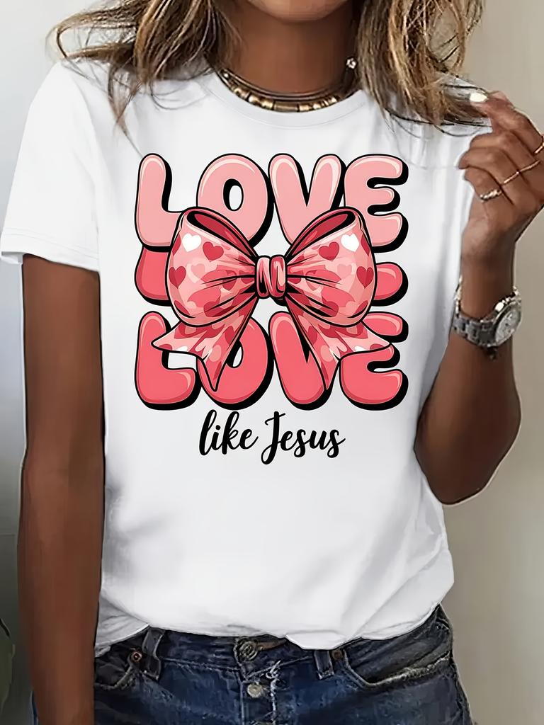 European Size Women'S "Love Like Jesus" Graphic Print T-Shirt - Casual Crew Neck Short Sleeve Top with Pink Bow Design, Perfect for Spring