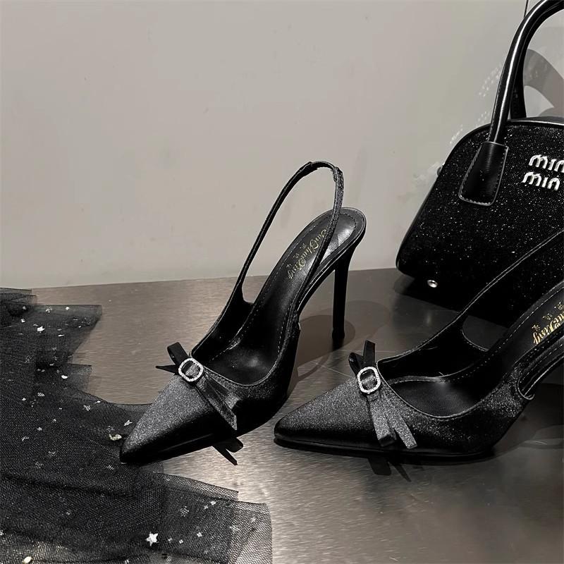 Pointed Single Shoe Temperament 2025 Bag Head Women's Summer High Heels Women's Stiletto Heel Bow French Sandals New Satin