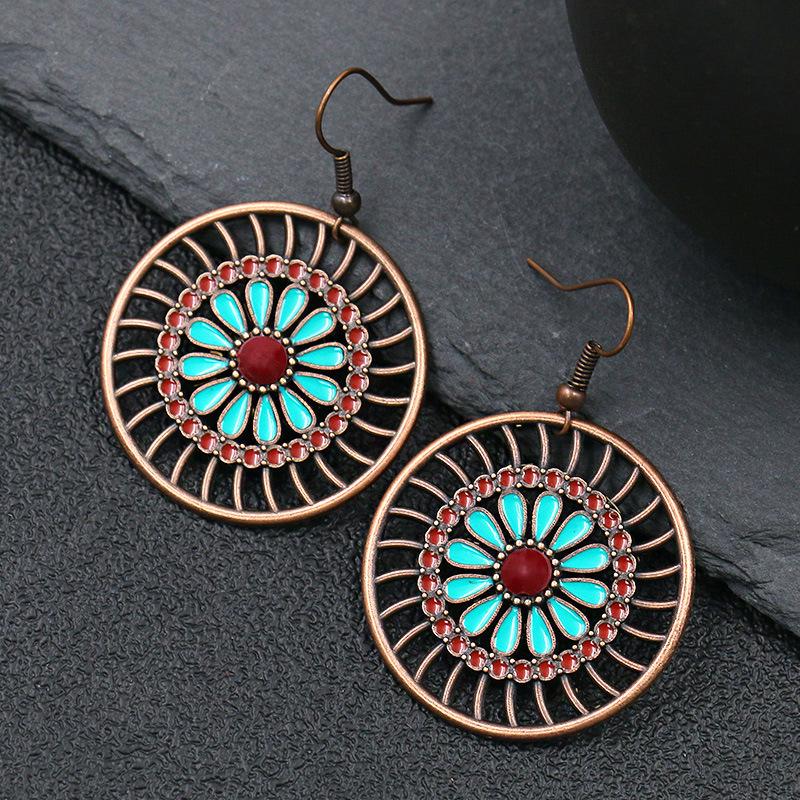 Bohemian Ethnic Flower Pattern Round Hollow Earrings
