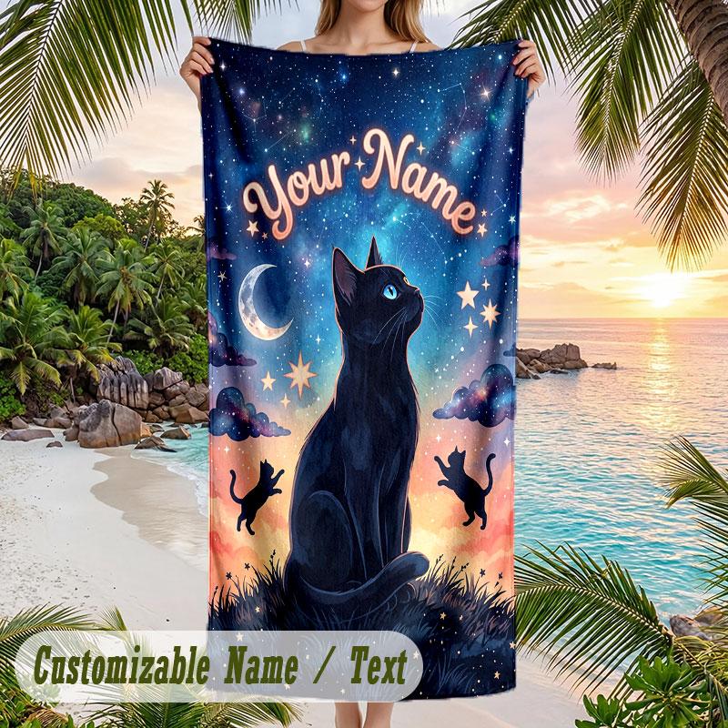 Night Sky Butterflies Moon Theme Quick Dry Beach Towel Custom Name Text Print Large Sand Resistant Towel Beach Vacation