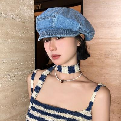 Vintage Washed Denim Beret Cloud Peaked Hat Retro Octagonal Cap  Women