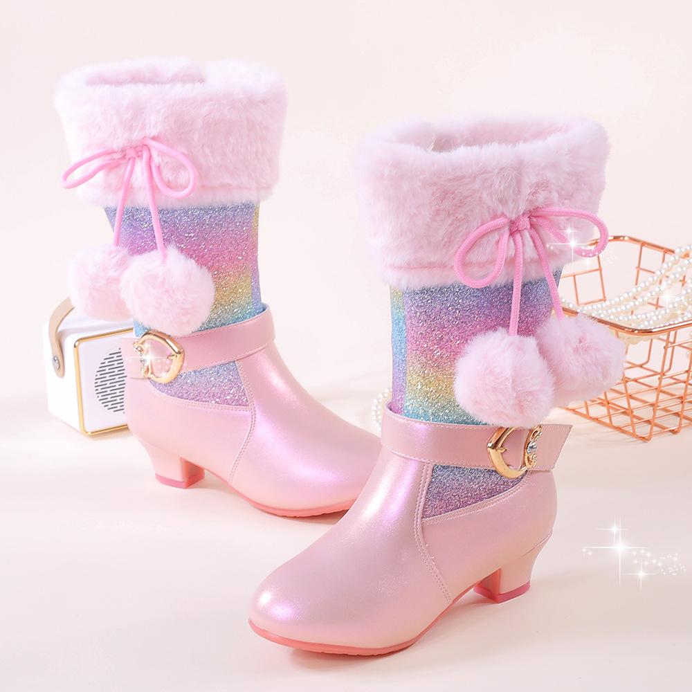 Classic Children Snow Boots Girls Colored Sequins Cute Hairball Bow Side Zipper Princess Shoes Autumn Winter Plush Warm Boots