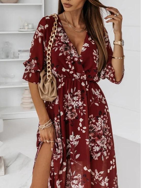 Europäisches & Amerikanisches Damen V-Ausschnitt Blumen Chiffon Kleid - Figurbetont mit Seitenschlitz, 2026 Kollektion