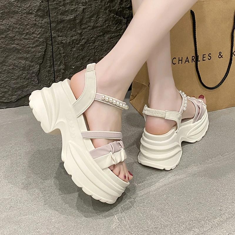 Fashion 8CM Summer Casual High Platform Sandals Women Buckle Strap Slippers Thick Bottom Pearl Sandalias Woman Chunky Casual Shoes Mujer