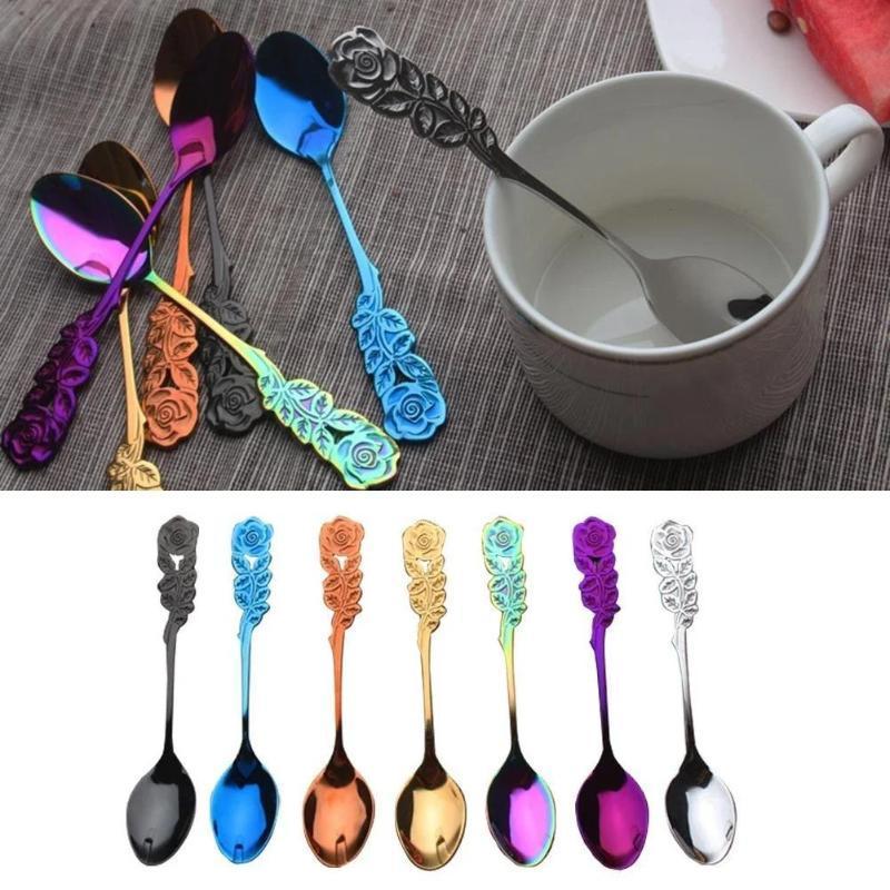 Stainless Steel Rose Spoon Flower Handle Coffee Tea Spoon Colorful Dessert Ice Cream Stirring Spoon Kitchen Tableware