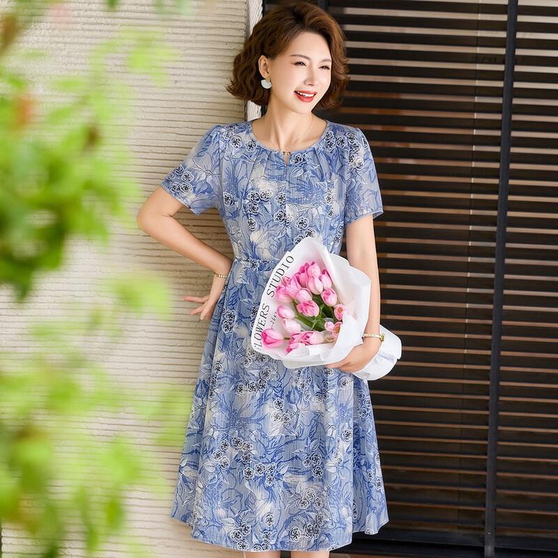 Passter Summer Mid-Aged Elegant Floral Print A-Line Dress 2XL синий