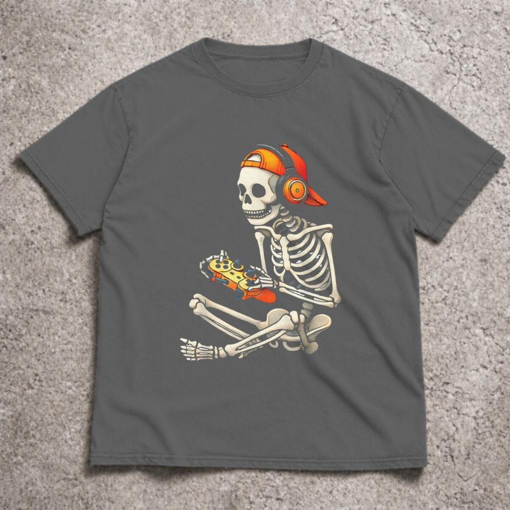 Halloween Skelett Gamer T-Shirt Videospiel Jungen Unisex T-Shirts T-Shirt Klassische Coole T-Shirts Oberteile Runde Kurzarm T-Shirts Oberteile
