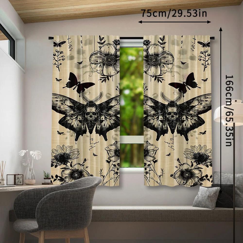 Black Skull Moth Butterfly Flower Plant Print Drapes Room Darkening Window Curtains for Home Decor,Rod Pocket Blackout Curtains