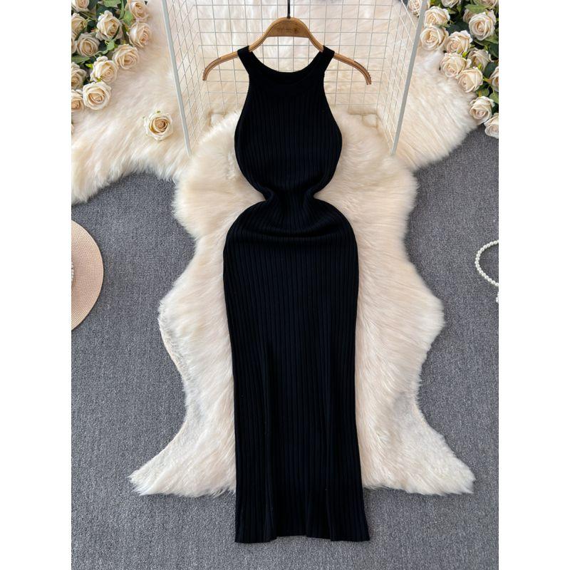 Fashion Sexy Style Sleeveless Knitting Dress Women's Summer Tight Waist Slim Looking Pure Color Stylish Niche Style Beautiful Dress