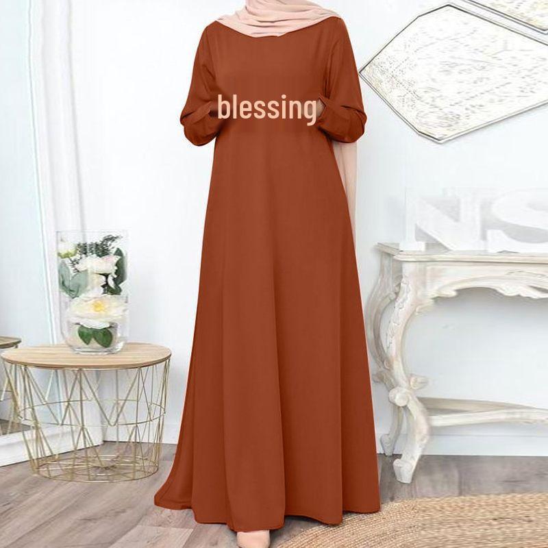 Elegant Solid Color Maxi Dress for Muslim Women – Long Sleeve, Casual & Comfortable
