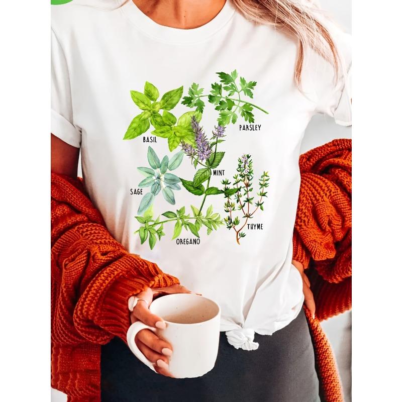 Футболка с принтом «Европейские размеры Типы трав Растения», повседневный топ с коротким рукавом и круглым вырезом для лета и весны, Женская одежда S белый