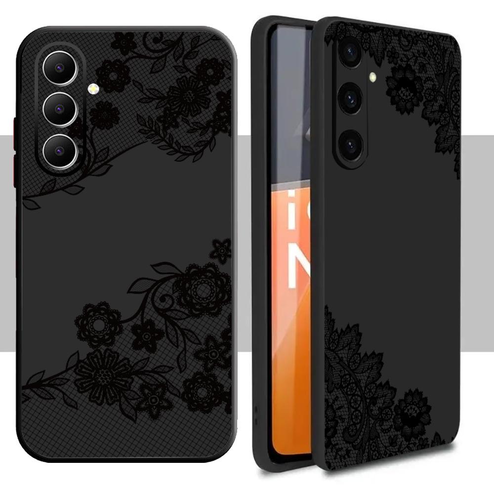 Lace print Black art pattern design Phone Case For Samsung Galaxy S26 S25 S24 S23 S22 S21 Plus Ultra Note20 Soft Black