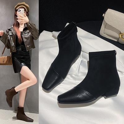 Retro Square Head Thick Heel Elastic Thin Boots Women's Autumn and Winter New Suede Splicing Zipper Short Martin Boots