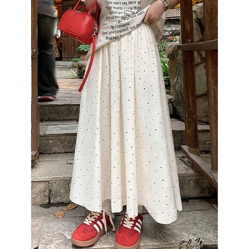 Dot Skirt for Women In Summer, Suitable for Plus-Size Girls with Pear-Shaped Figures, High-Waisted, Hip-Covering, Slimming, Mid-Length A-Line Skirt