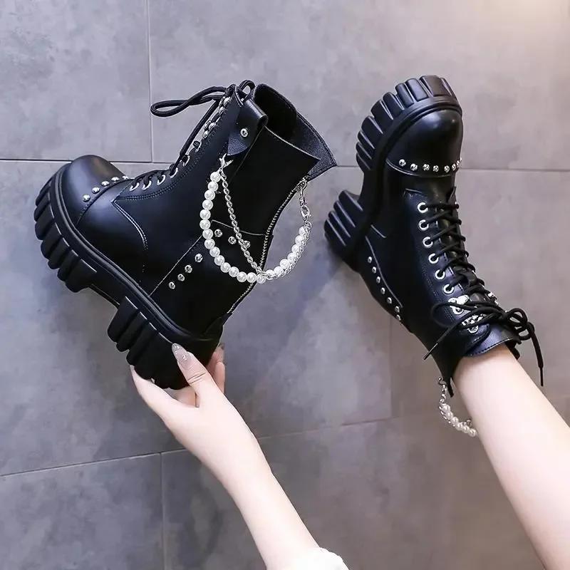 Fashion Women's High Platform Motorcycles Boots Winter 10CM Wedge Heels Mid-calf Boots Female Chunky Sneakers Autumn Leather Shoes Woman